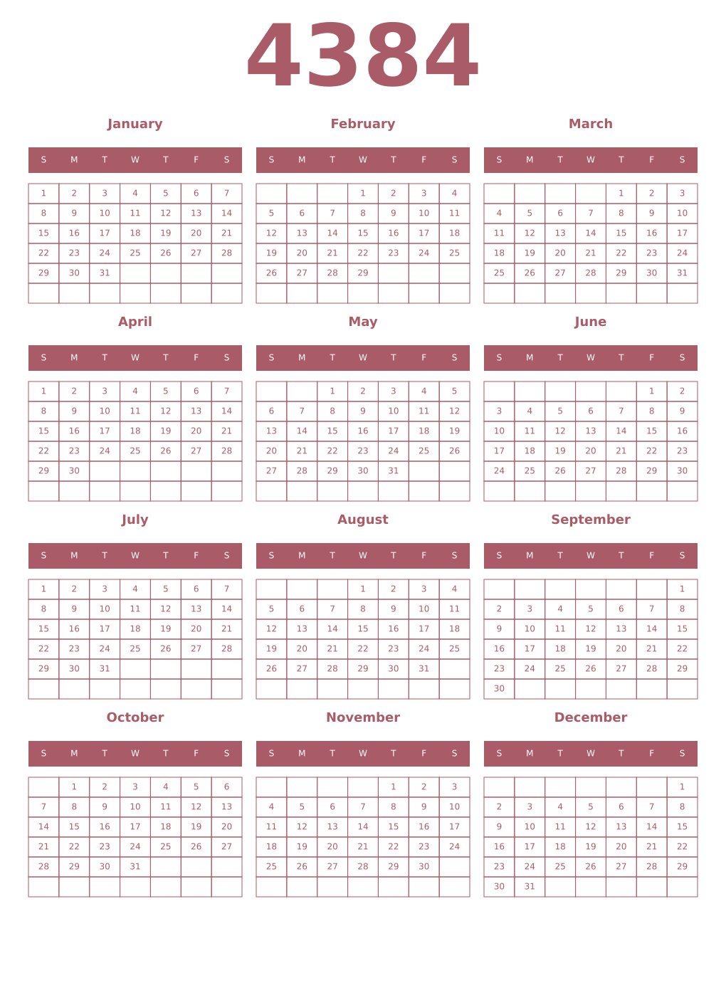 Printable 4384 Year Calendars puce