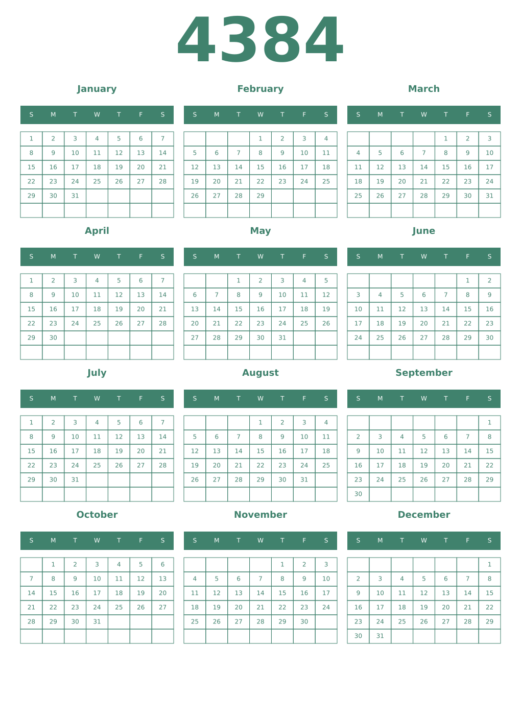 Printable 4384 Year Calendars viridian