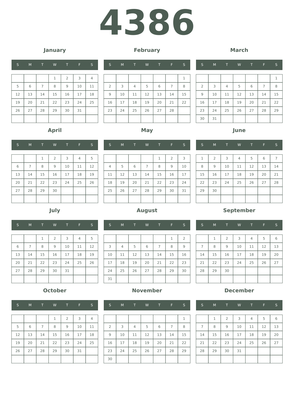 Printable 4386 Year Calendars feldgrau