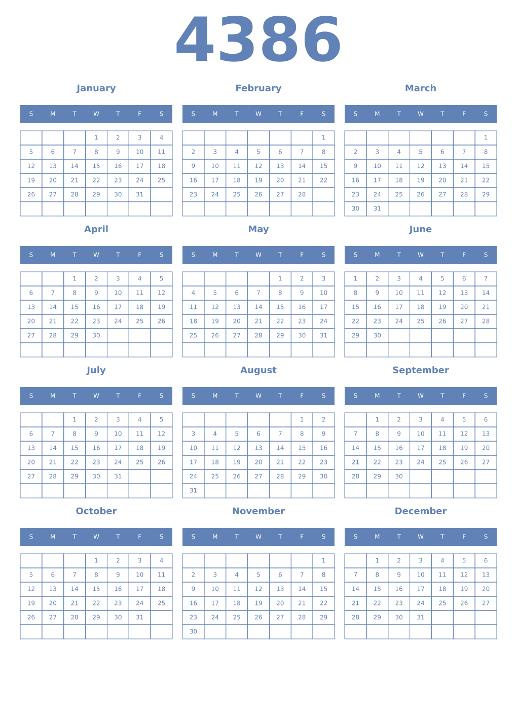 Printable 4386 Year Calendars glaucous