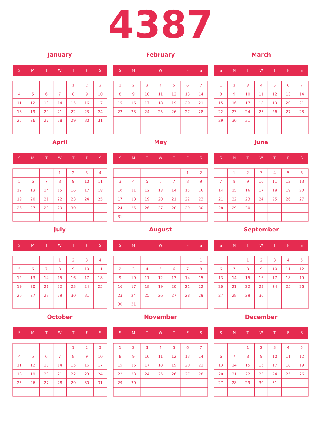 Printable 4387 Year Calendars amaranth