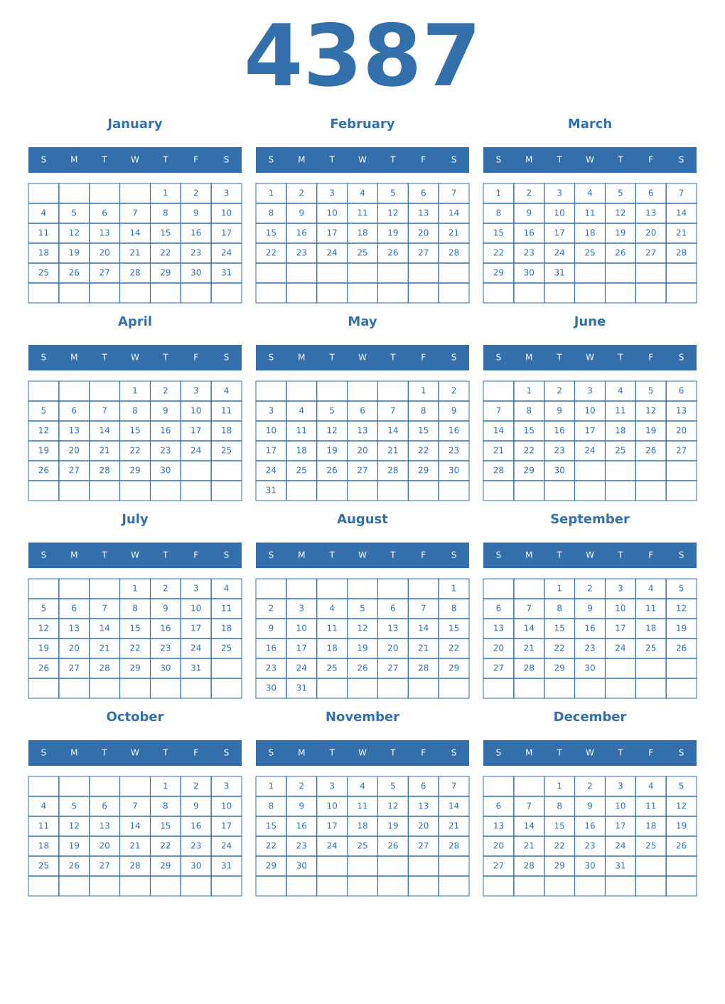 Printable 4387 Year Calendars blue