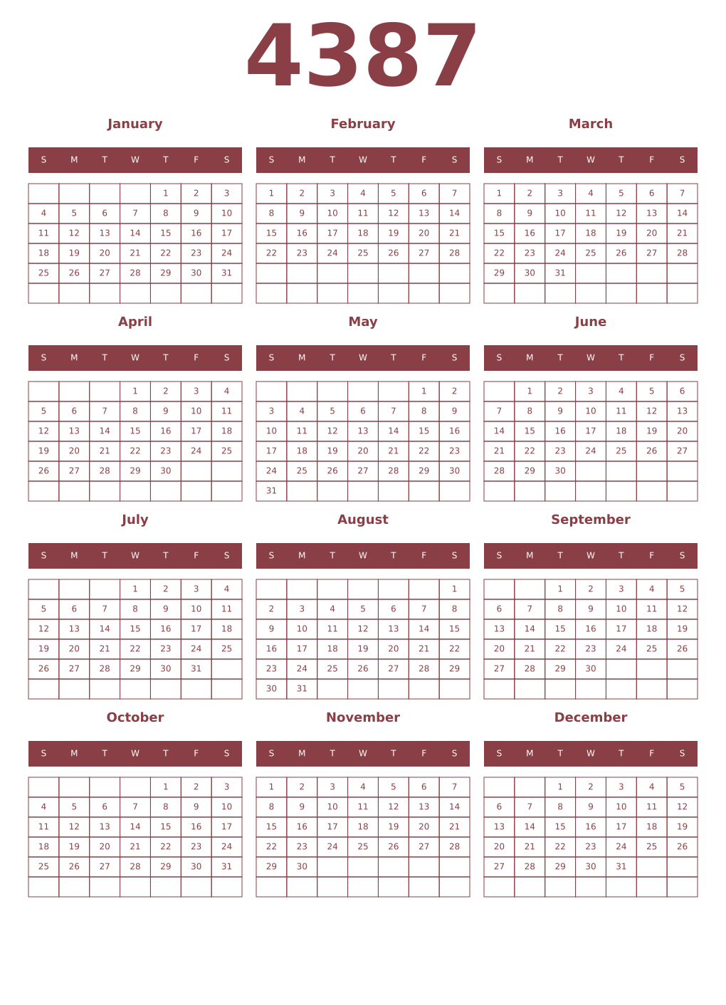 Printable 4387 Year Calendars cordovan