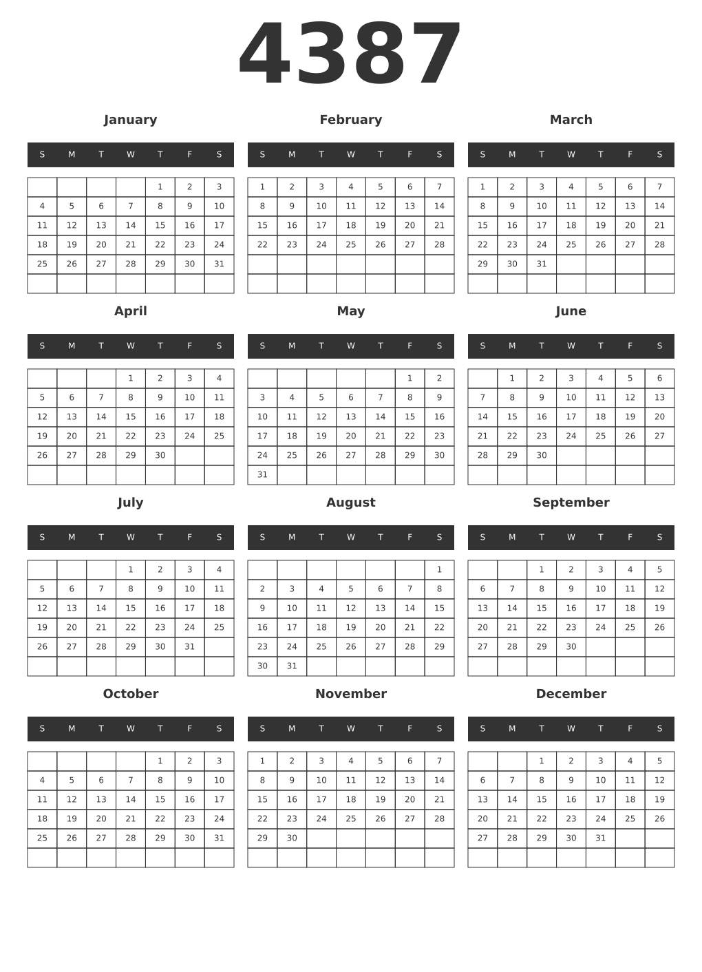 Printable 4387 Year Calendars dark