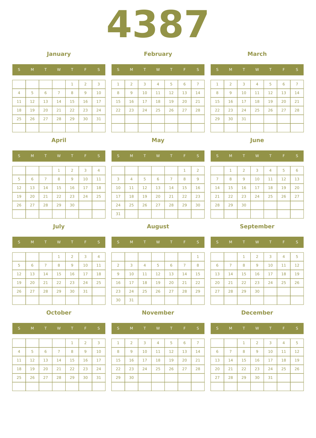 Printable 4387 Year Calendars eburnean