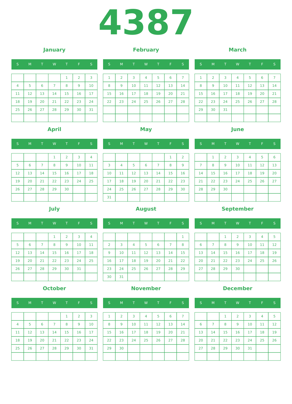 Printable 4387 Year Calendars green