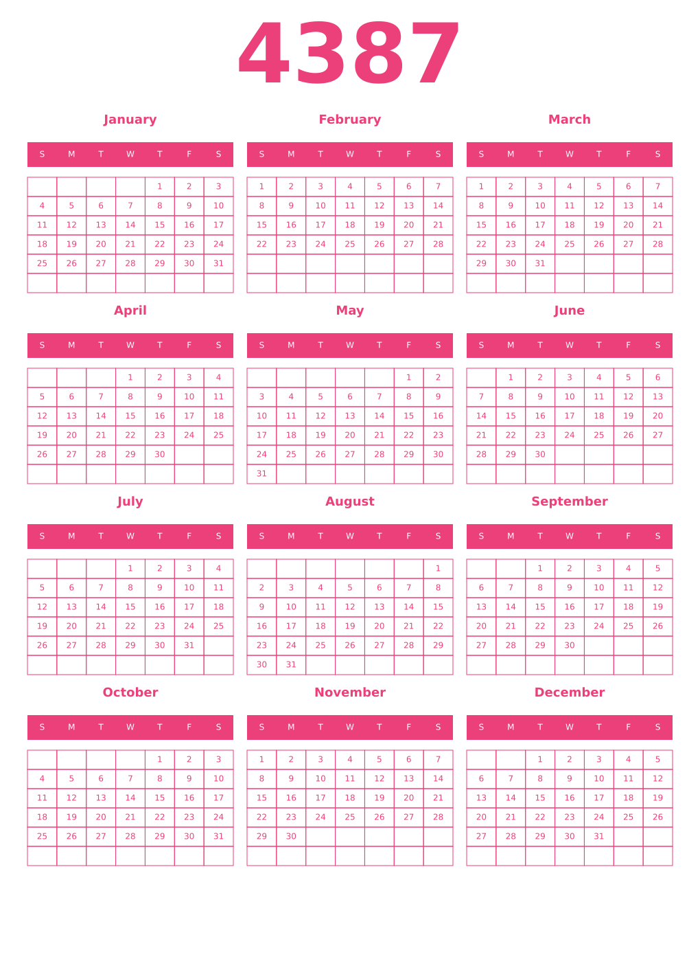 Printable 4387 Year Calendars pink