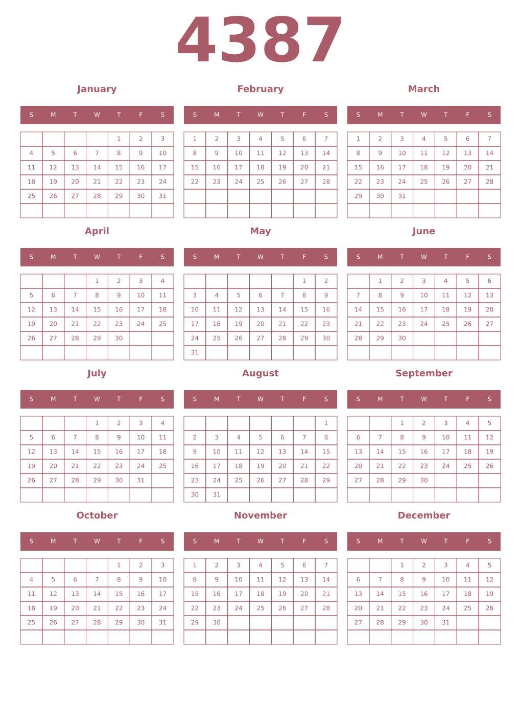 Printable 4387 Year Calendars puce