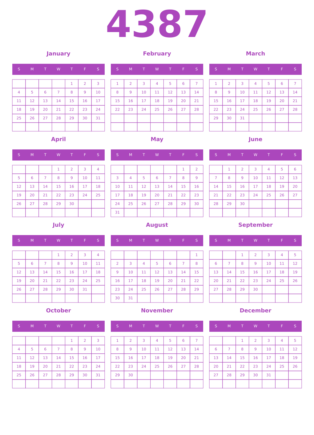 Printable 4387 Year Calendars purple