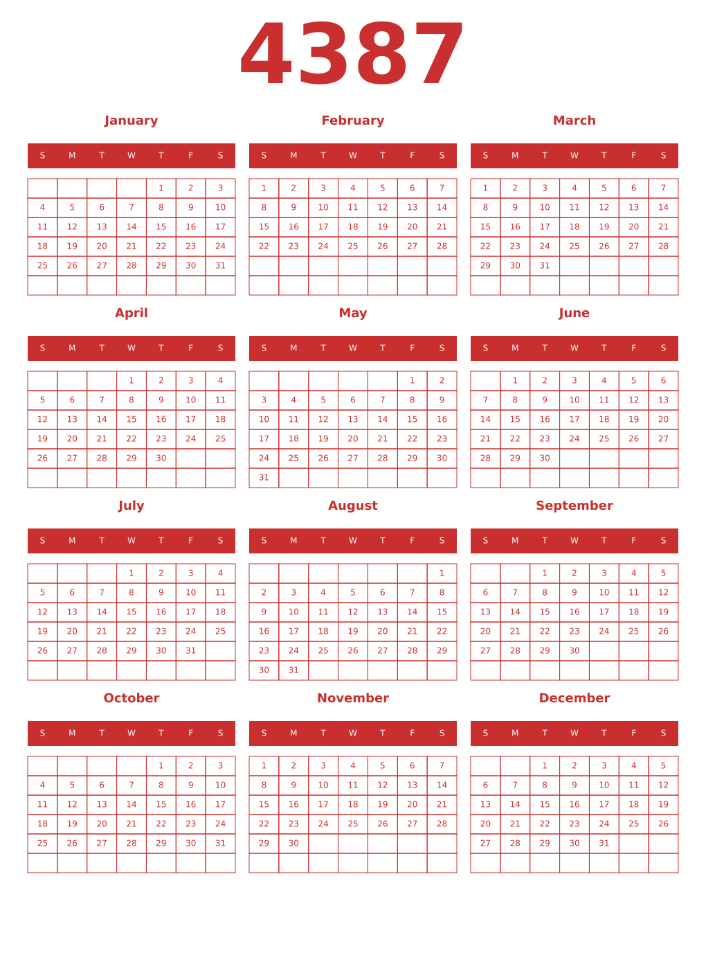 Printable 4387 Year Calendars red