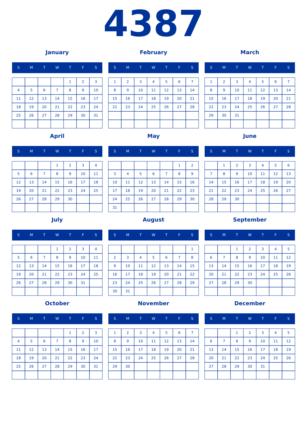 Printable 4387 Year Calendars smalt