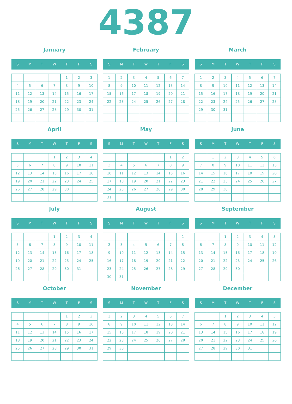 Printable 4387 Year Calendars verdigris