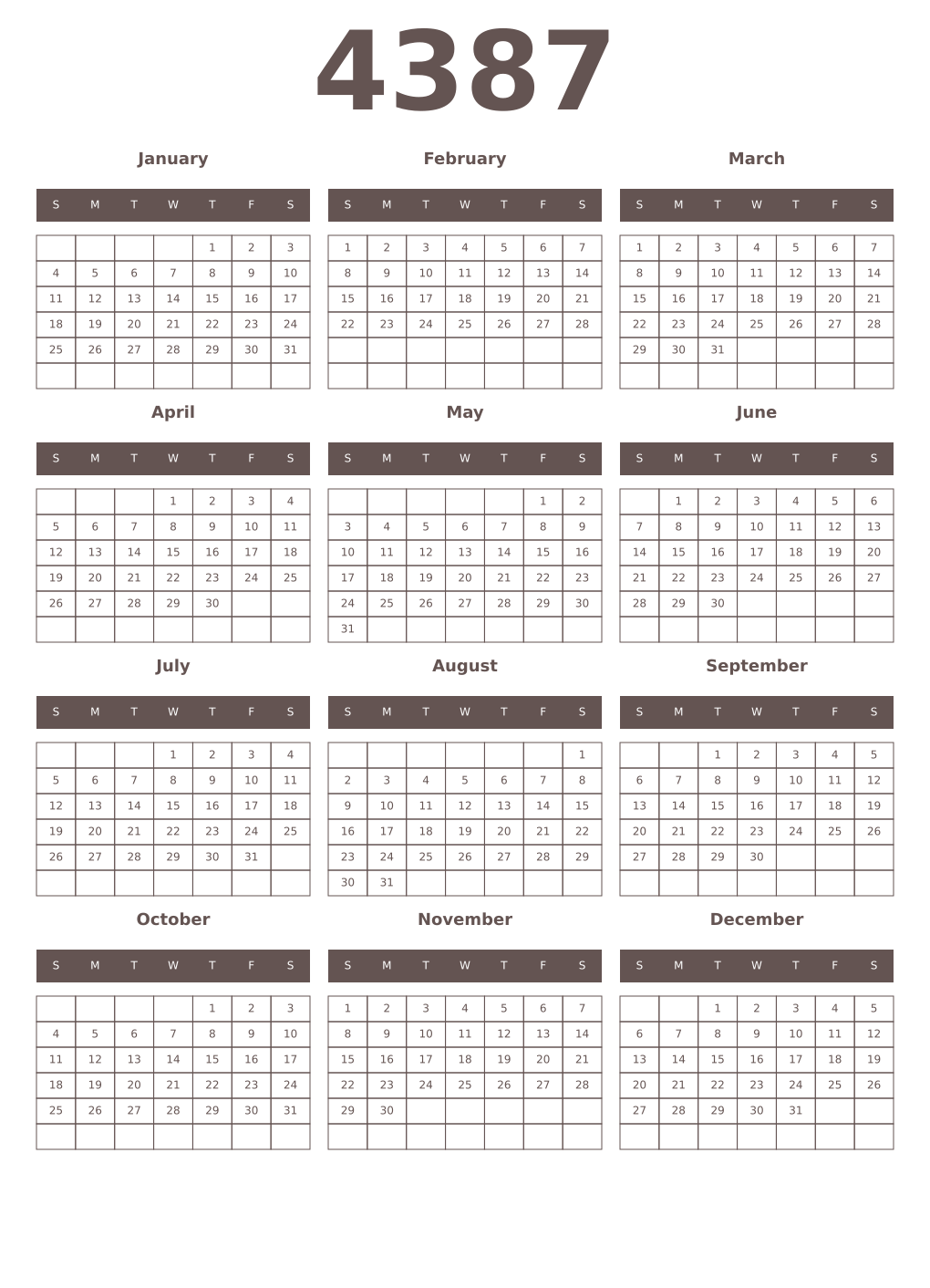 Printable 4387 Year Calendars wenge