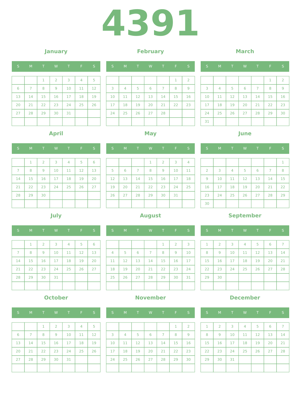Printable 4391 Year Calendars celadon