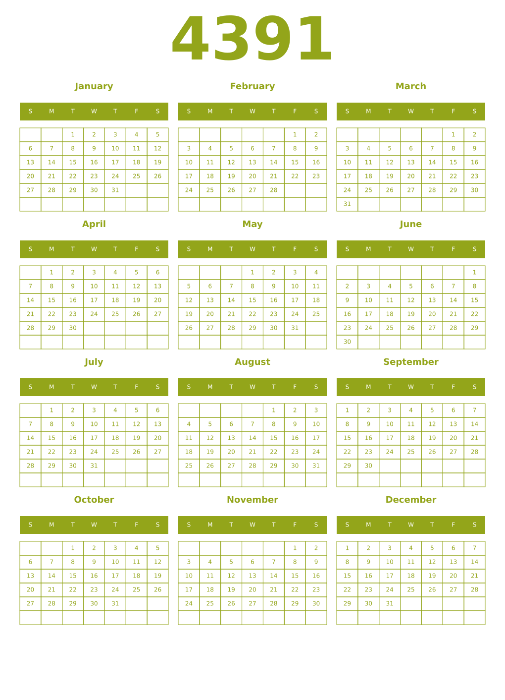 Printable 4391 Year Calendars chartreuse
