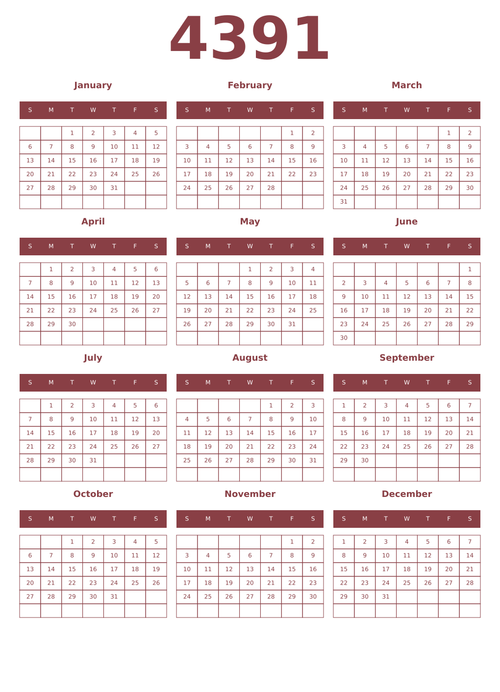 Printable 4391 Year Calendars cordovan
