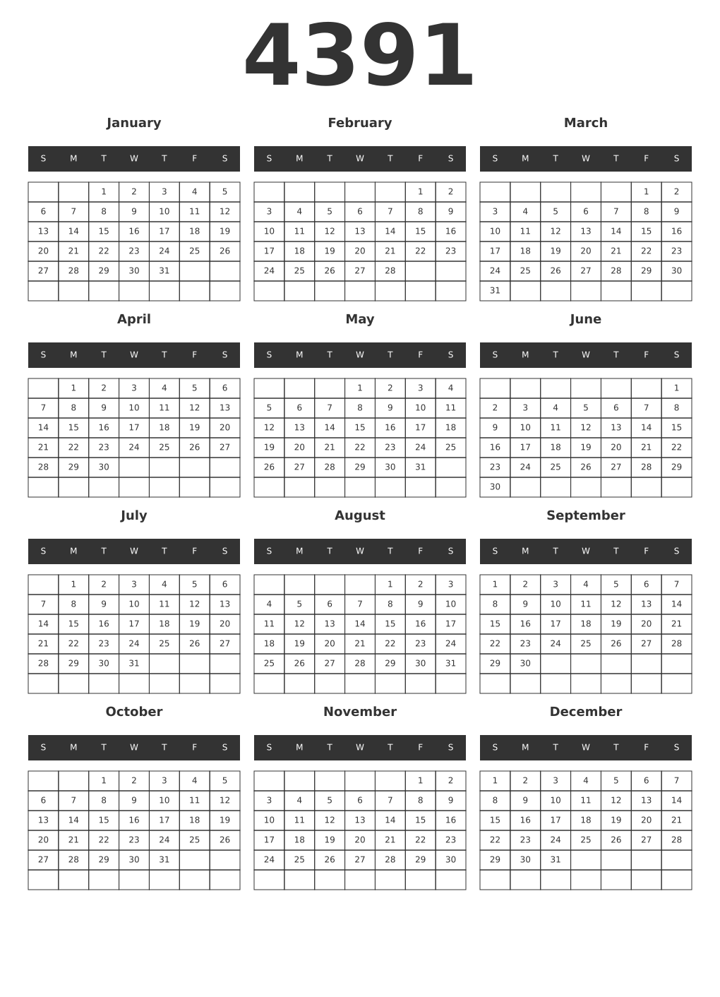 Printable 4391 Year Calendars dark