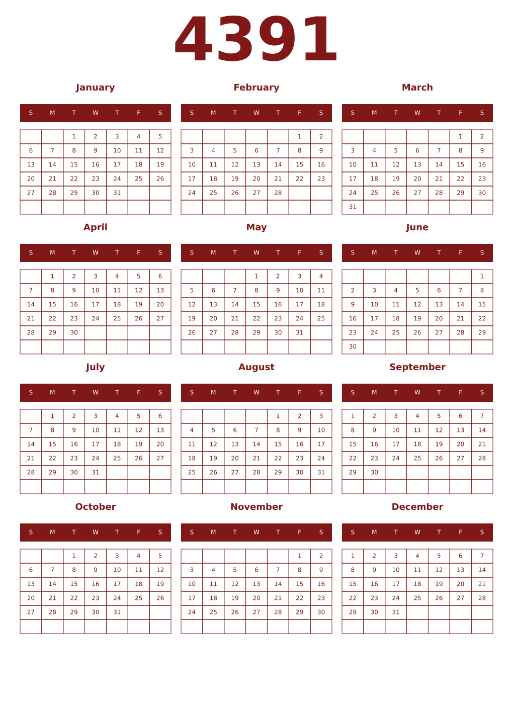 Printable 4391 Year Calendars falu