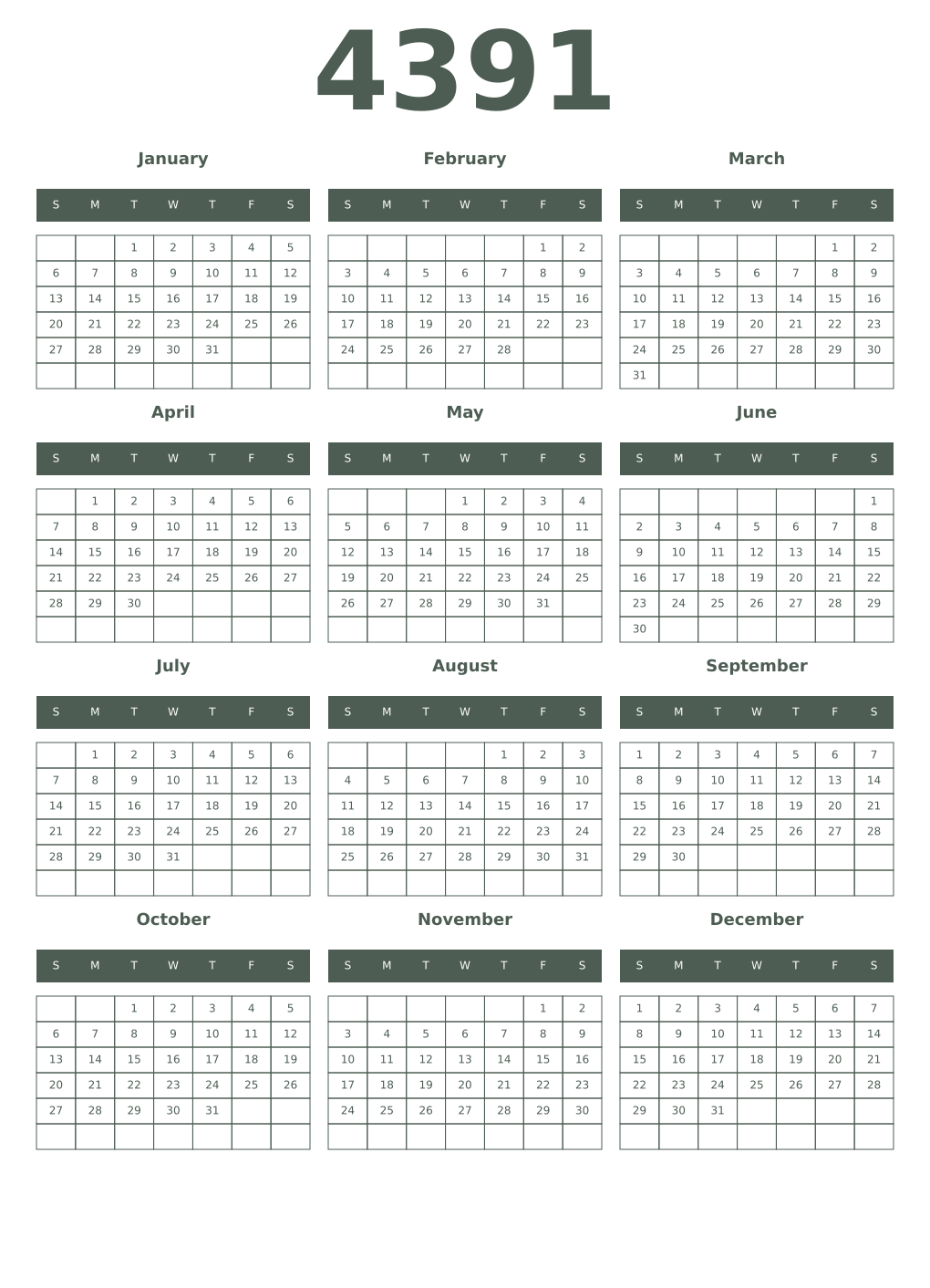Printable 4391 Year Calendars feldgrau