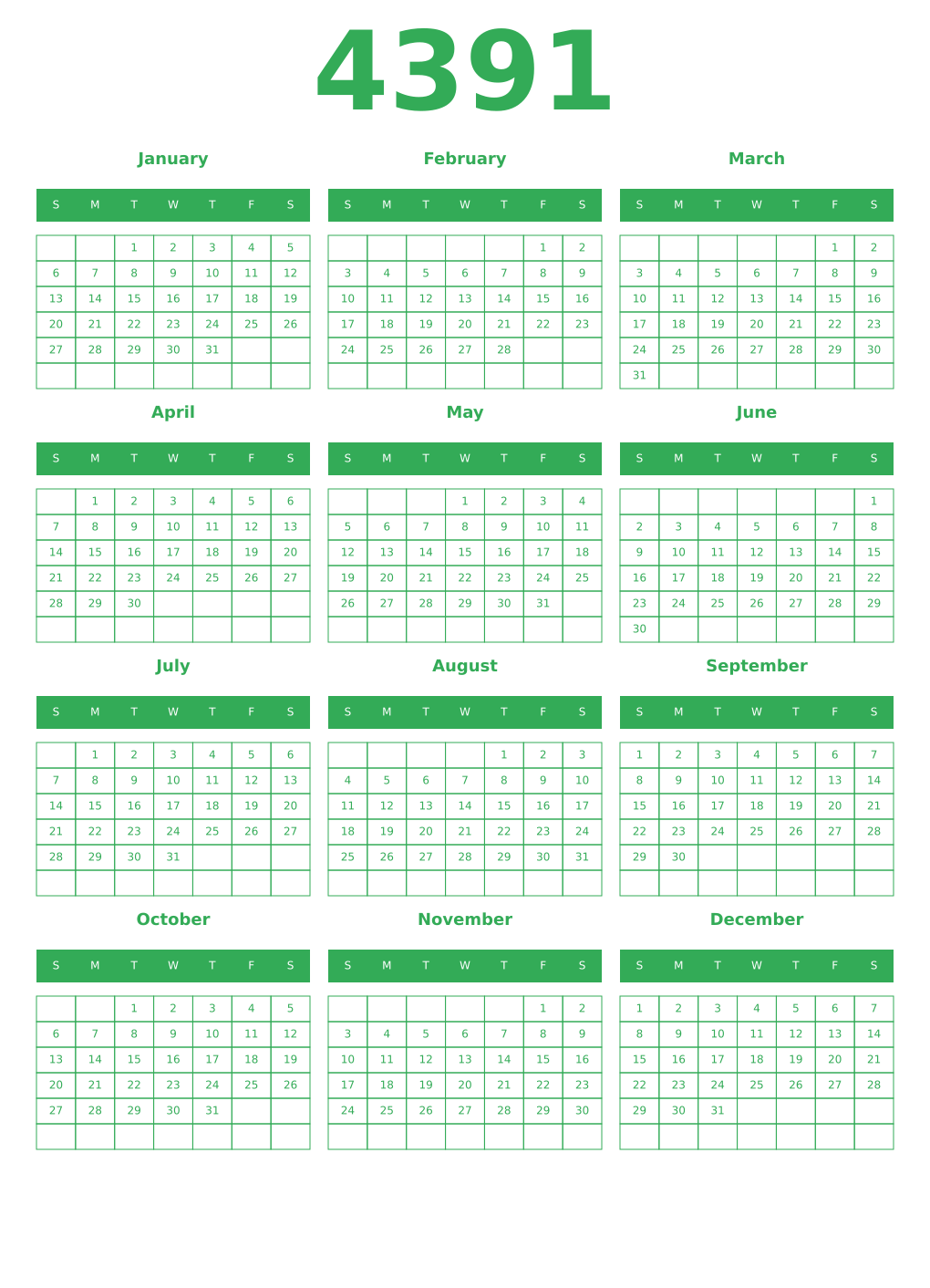 Printable 4391 Year Calendars green