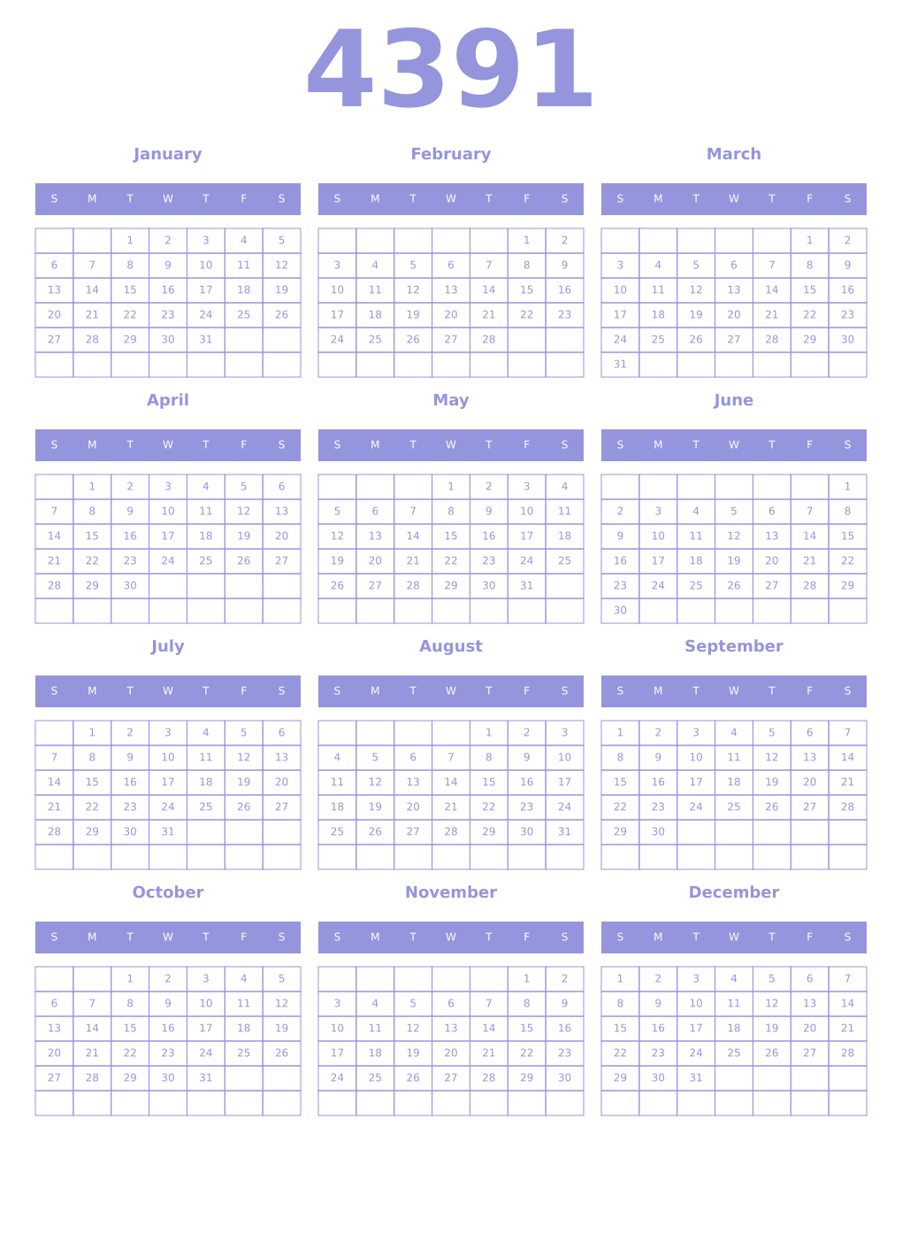 Printable 4391 Year Calendars periwinkle