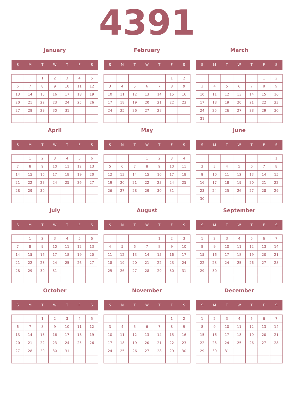 Printable 4391 Year Calendars puce