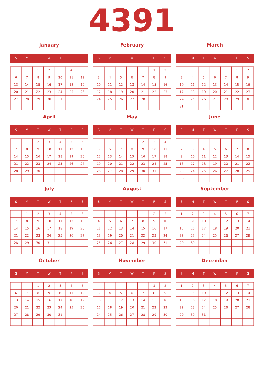 Printable 4391 Year Calendars red