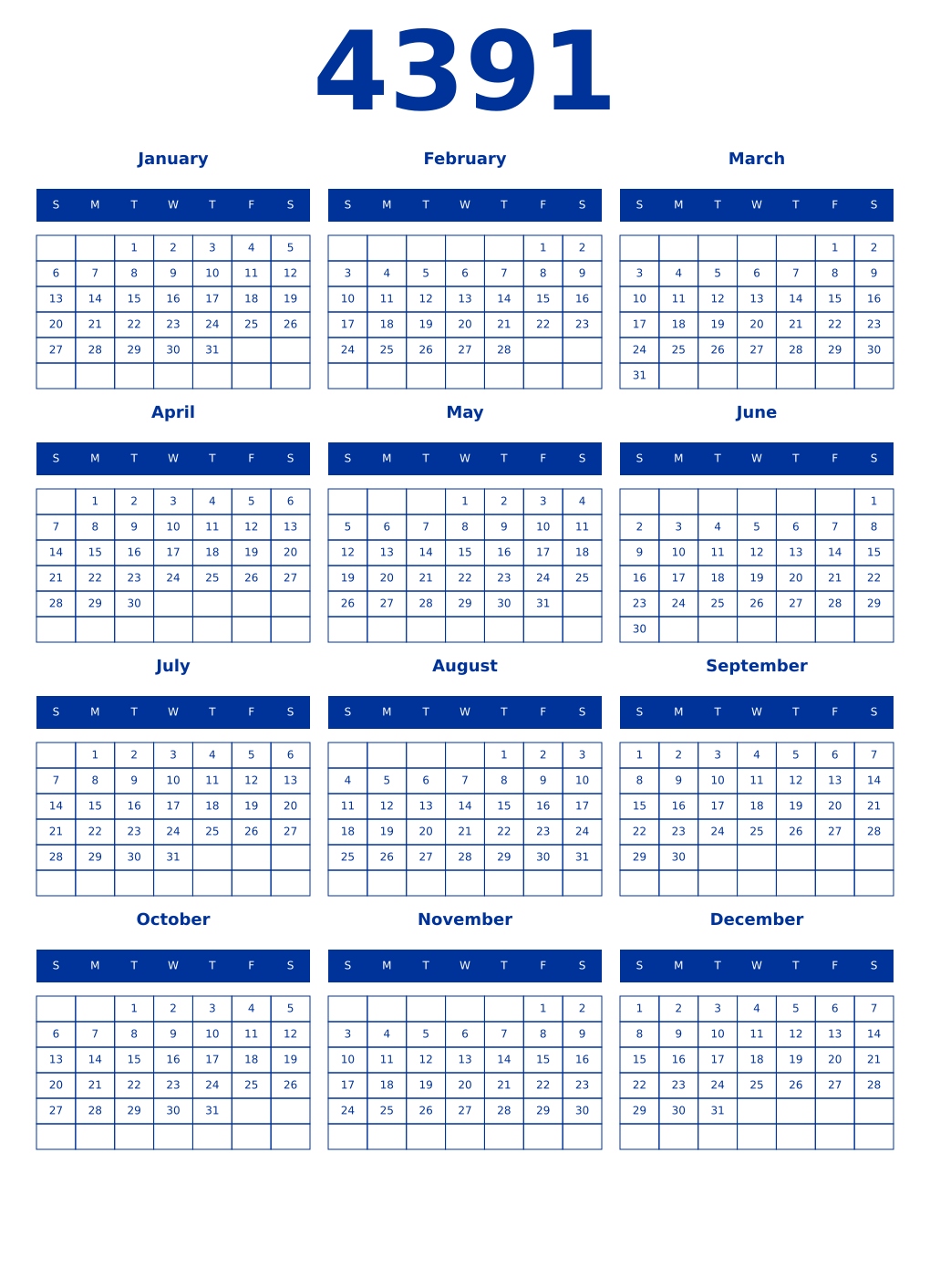 Printable 4391 Year Calendars smalt
