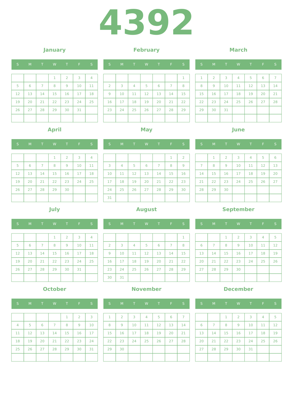 Printable 4392 Year Calendars celadon