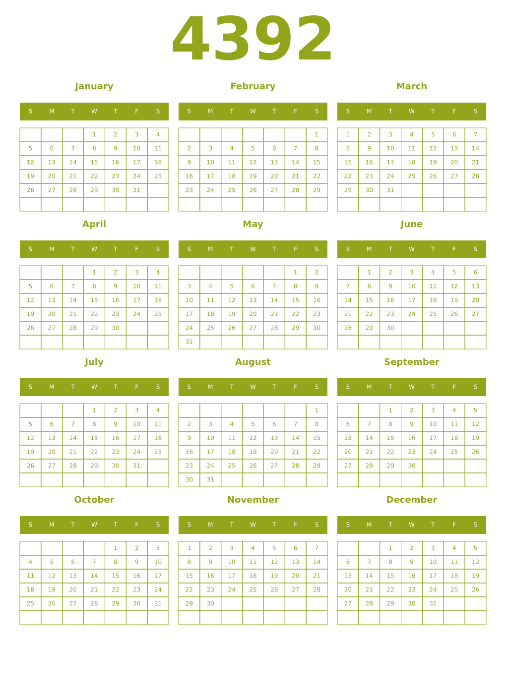 Printable 4392 Year Calendars chartreuse