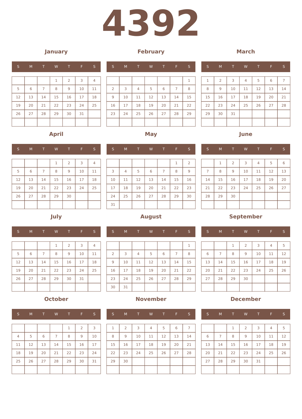 Printable 4392 Year Calendars coffe