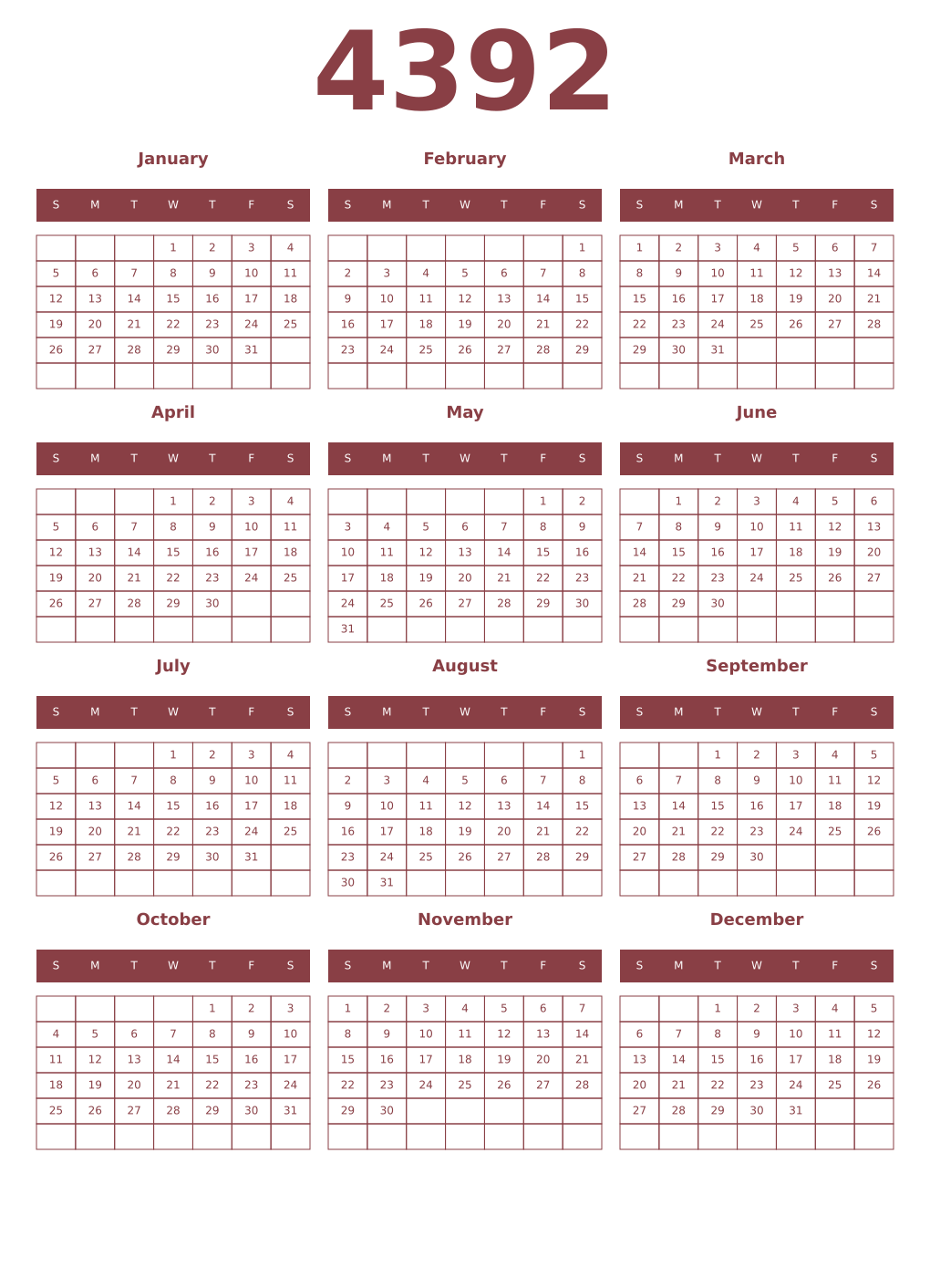 Printable 4392 Year Calendars cordovan