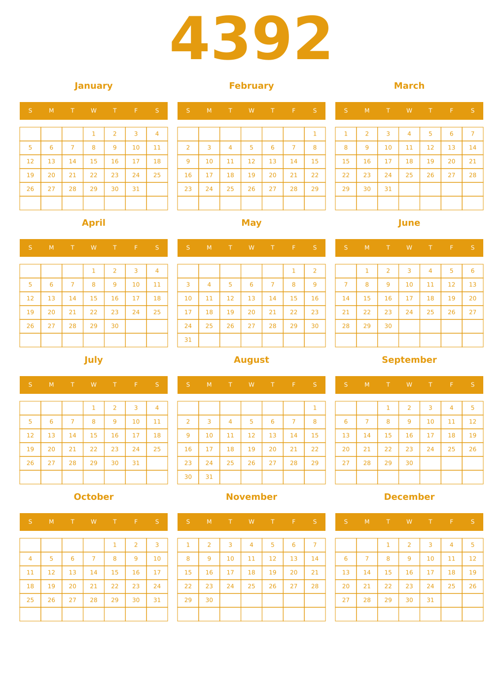 Printable 4392 Year Calendars gamboge