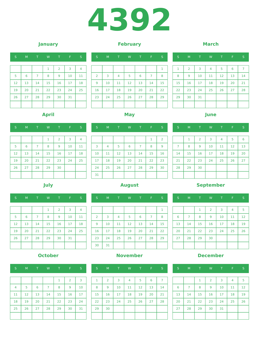Printable 4392 Year Calendars green