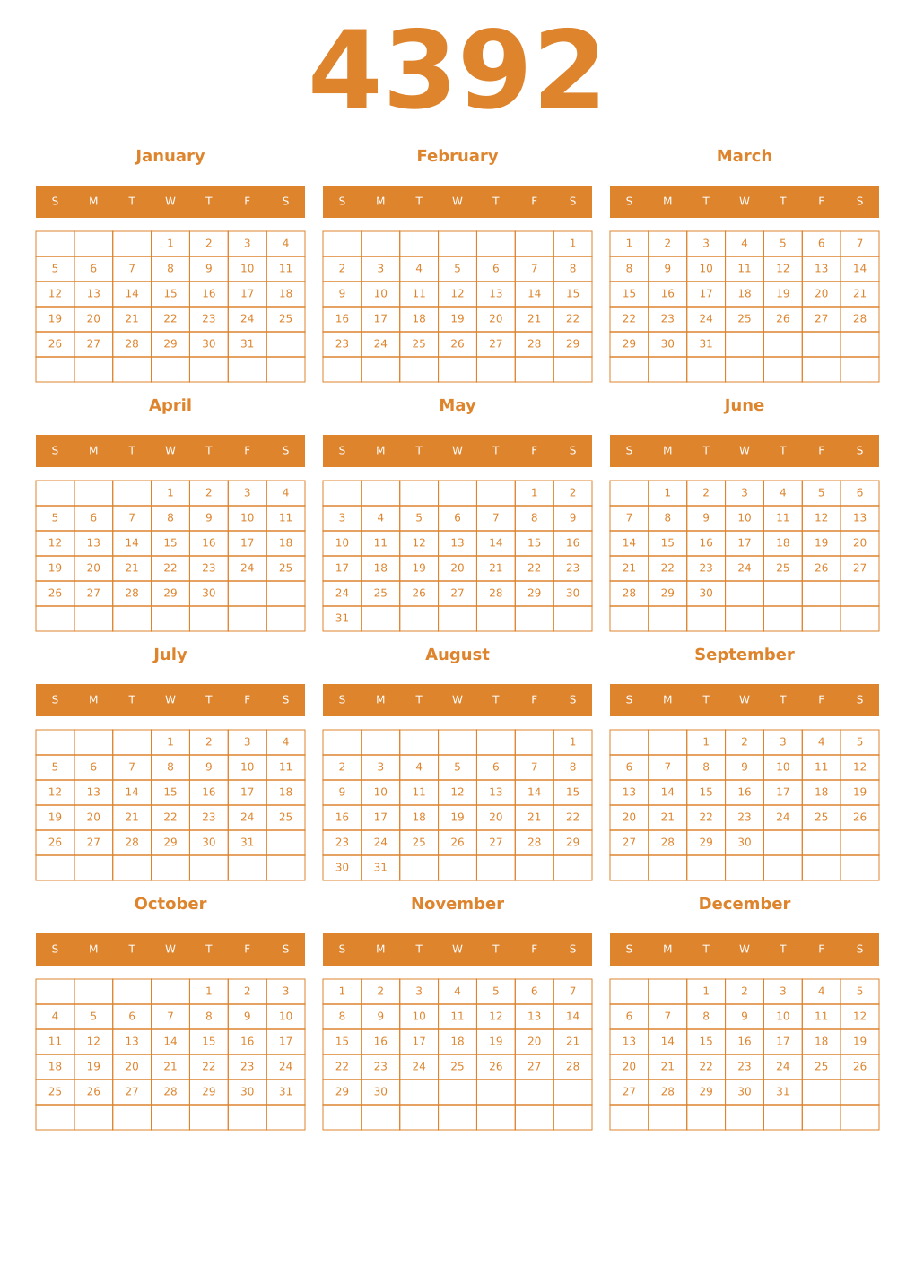 Printable 4392 Year Calendars orange