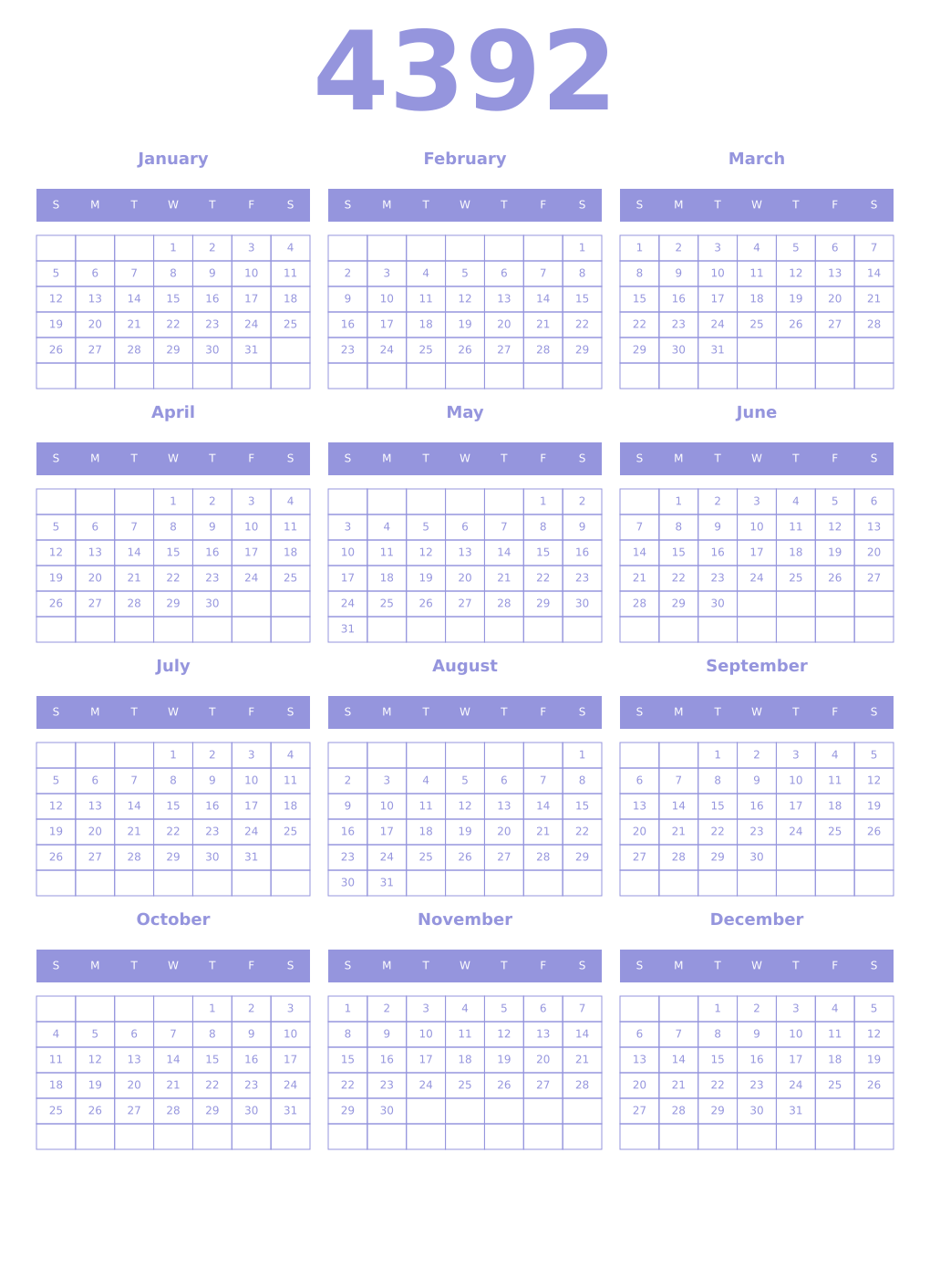 Printable 4392 Year Calendars periwinkle