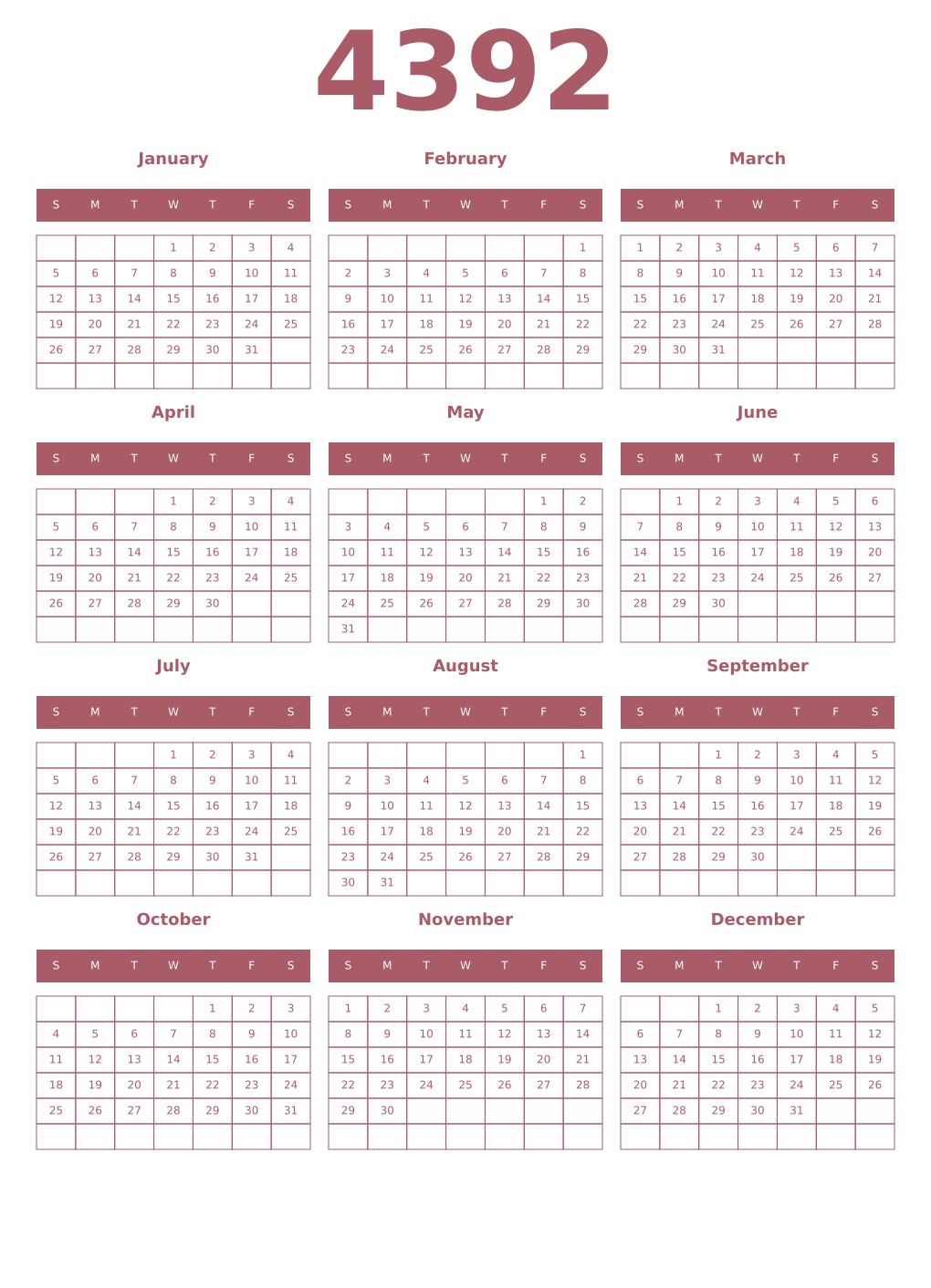 Printable 4392 Year Calendars puce