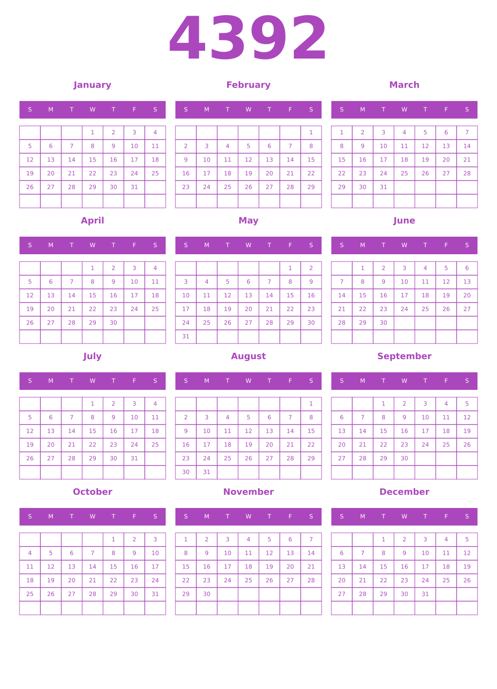 Printable 4392 Year Calendars purple