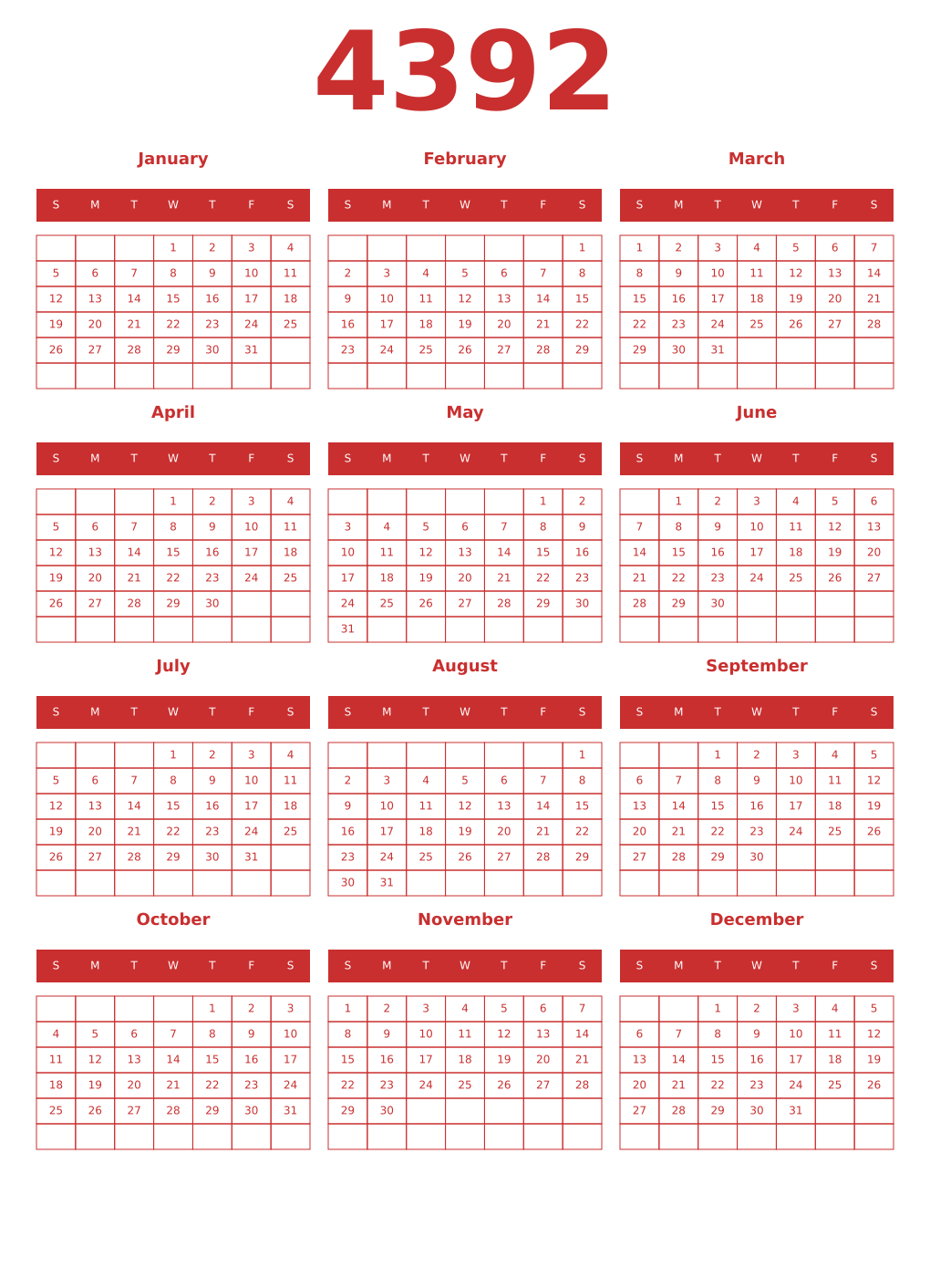 Printable 4392 Year Calendars red