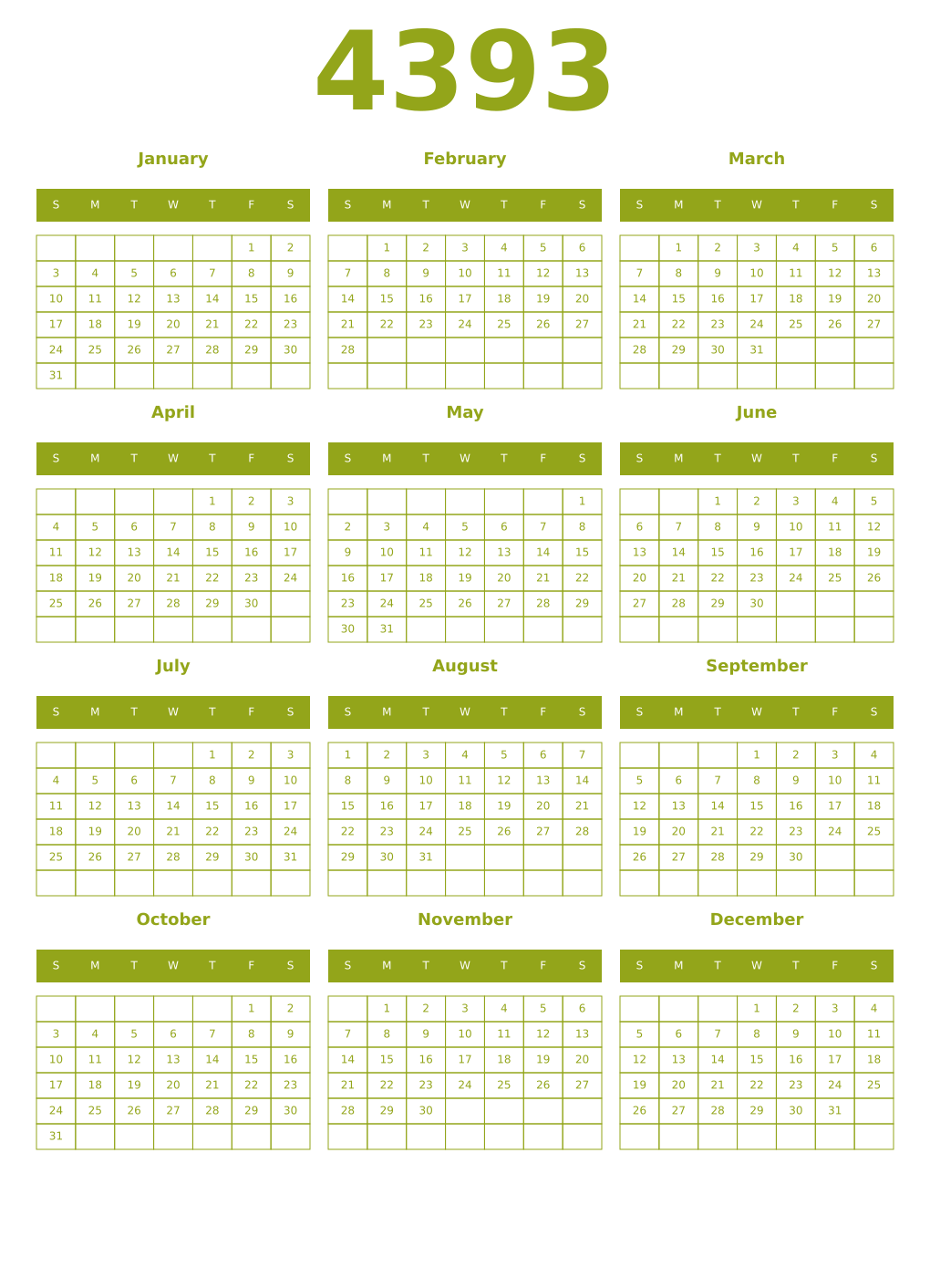 Printable 4393 Year Calendars chartreuse