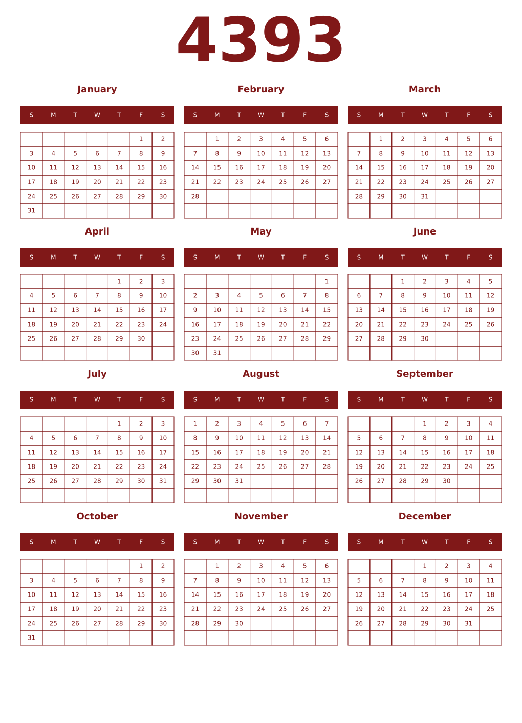Printable 4393 Year Calendars falu