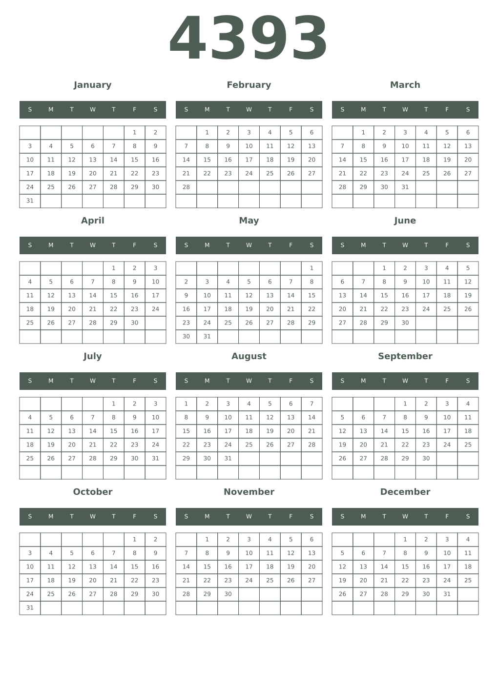 Printable 4393 Year Calendars feldgrau