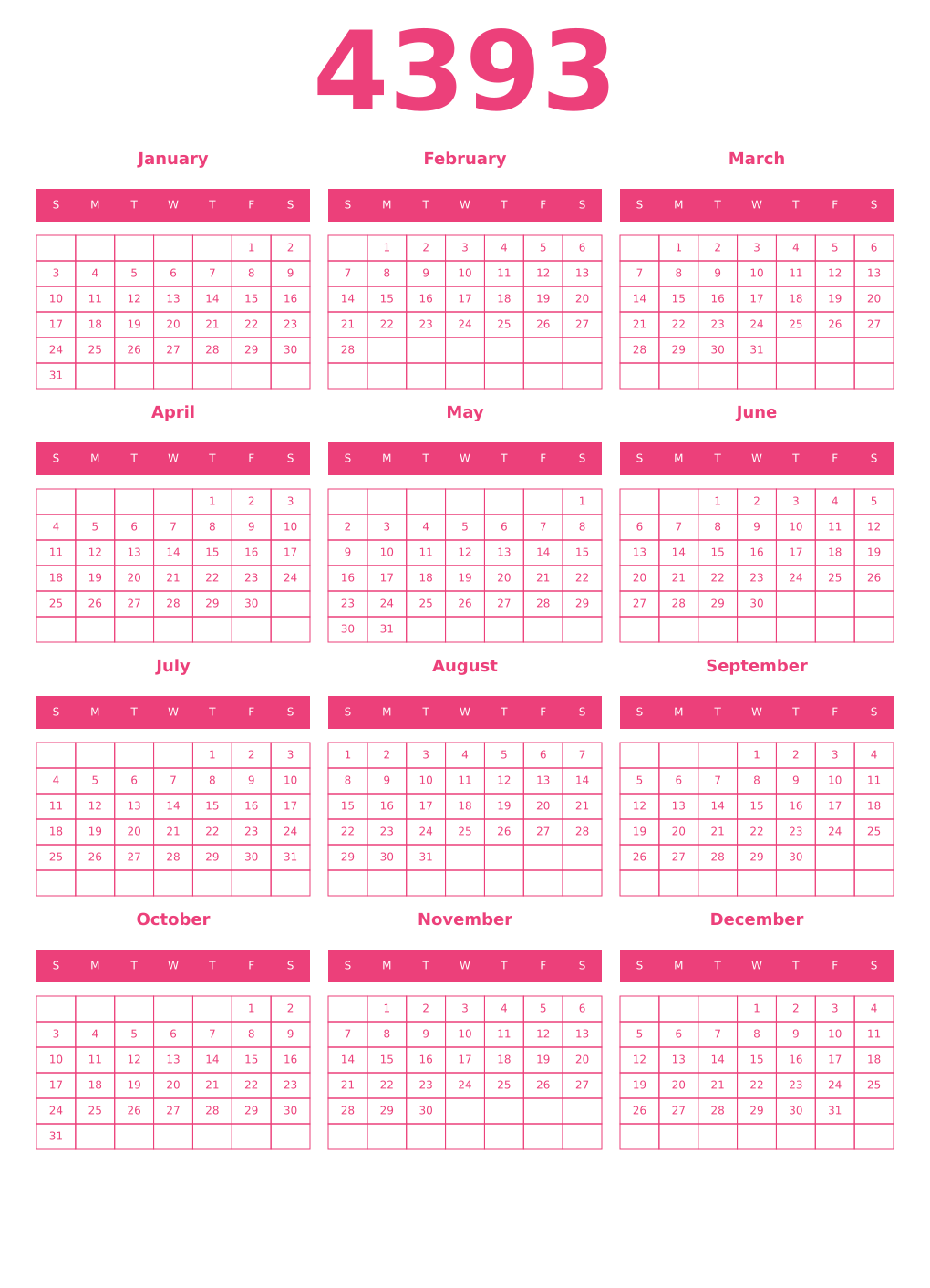 Printable 4393 Year Calendars pink