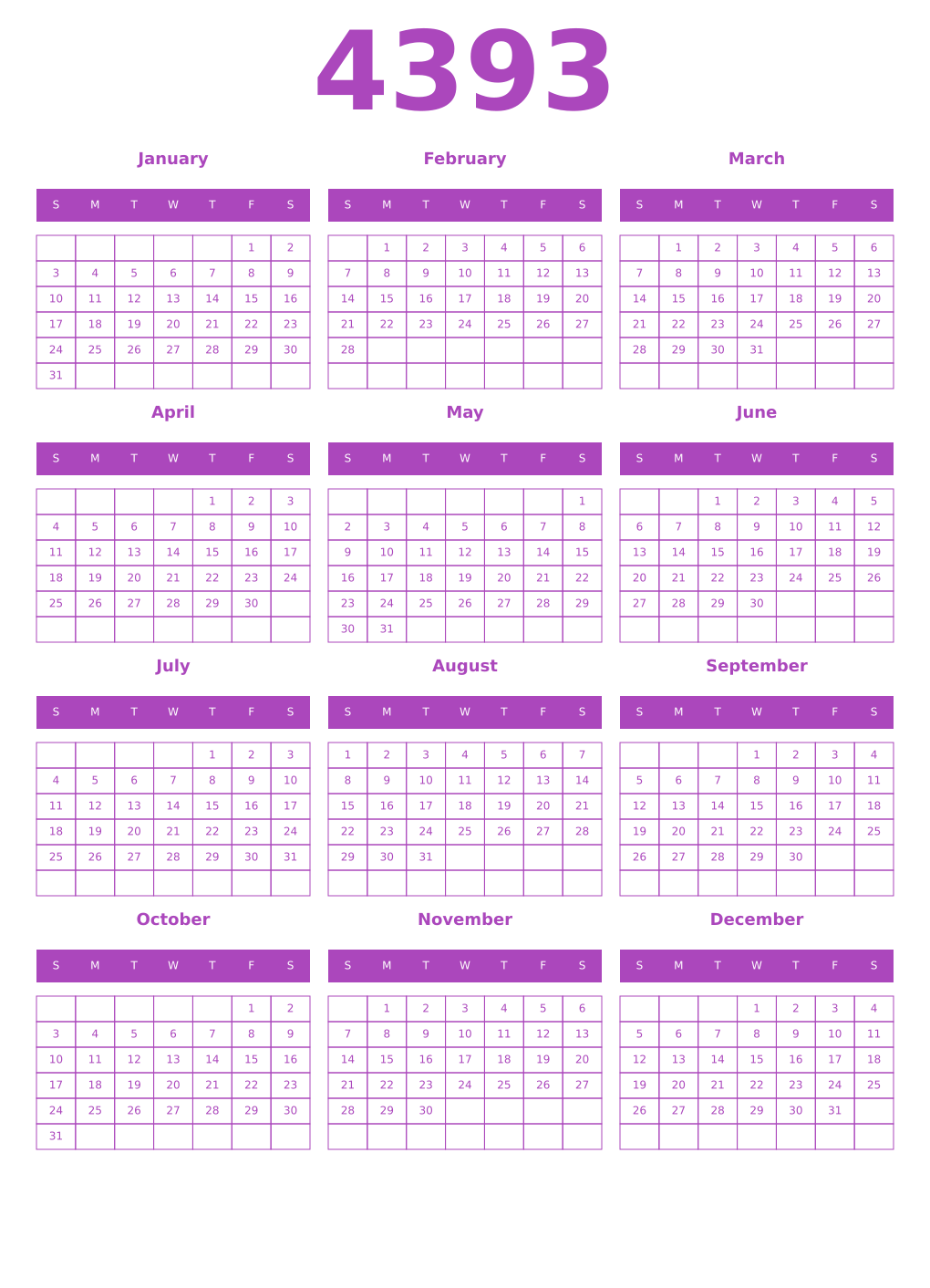 Printable 4393 Year Calendars purple