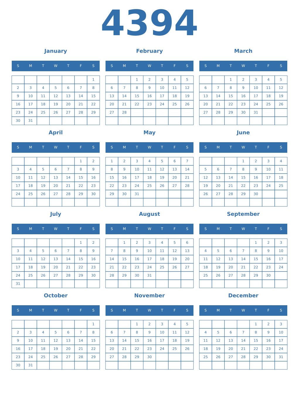 Printable 4394 Year Calendars blue