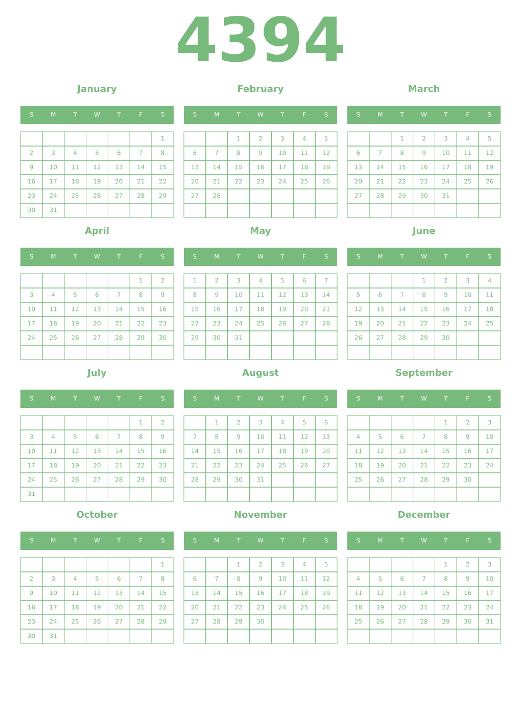 Printable 4394 Year Calendars celadon