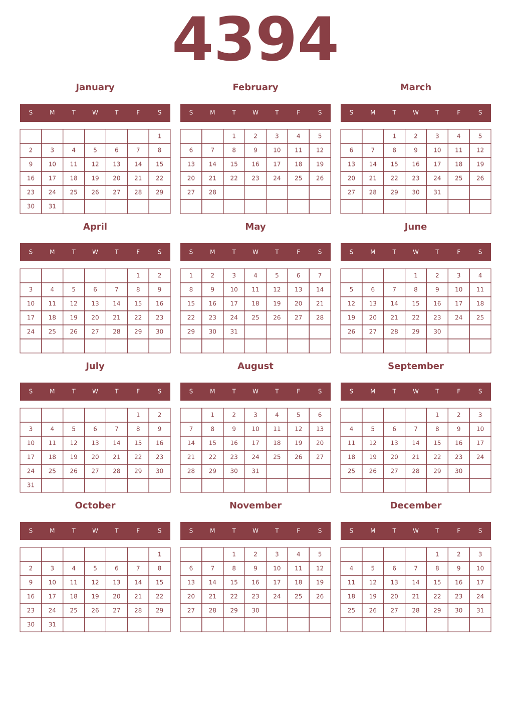 Printable 4394 Year Calendars cordovan