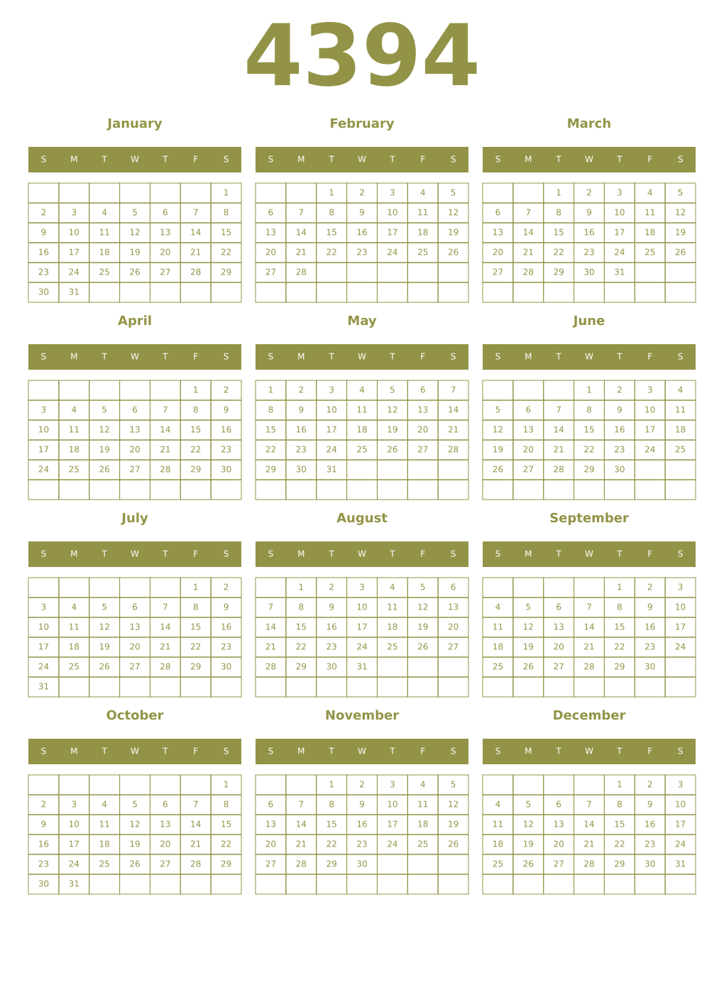 Printable 4394 Year Calendars eburnean
