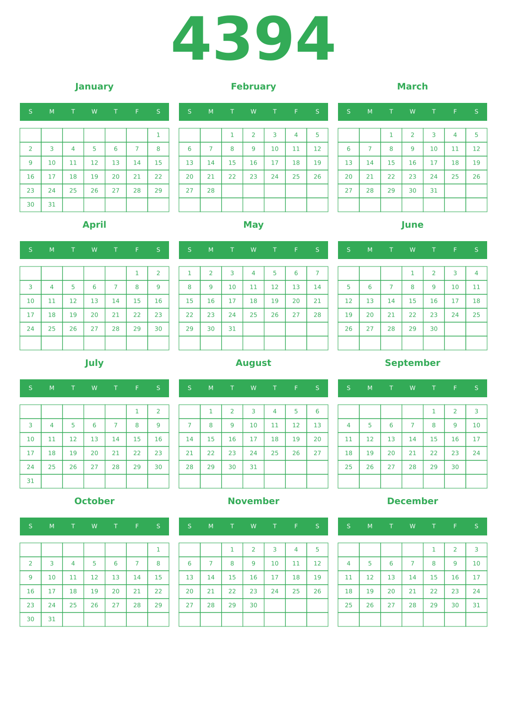 Printable 4394 Year Calendars green