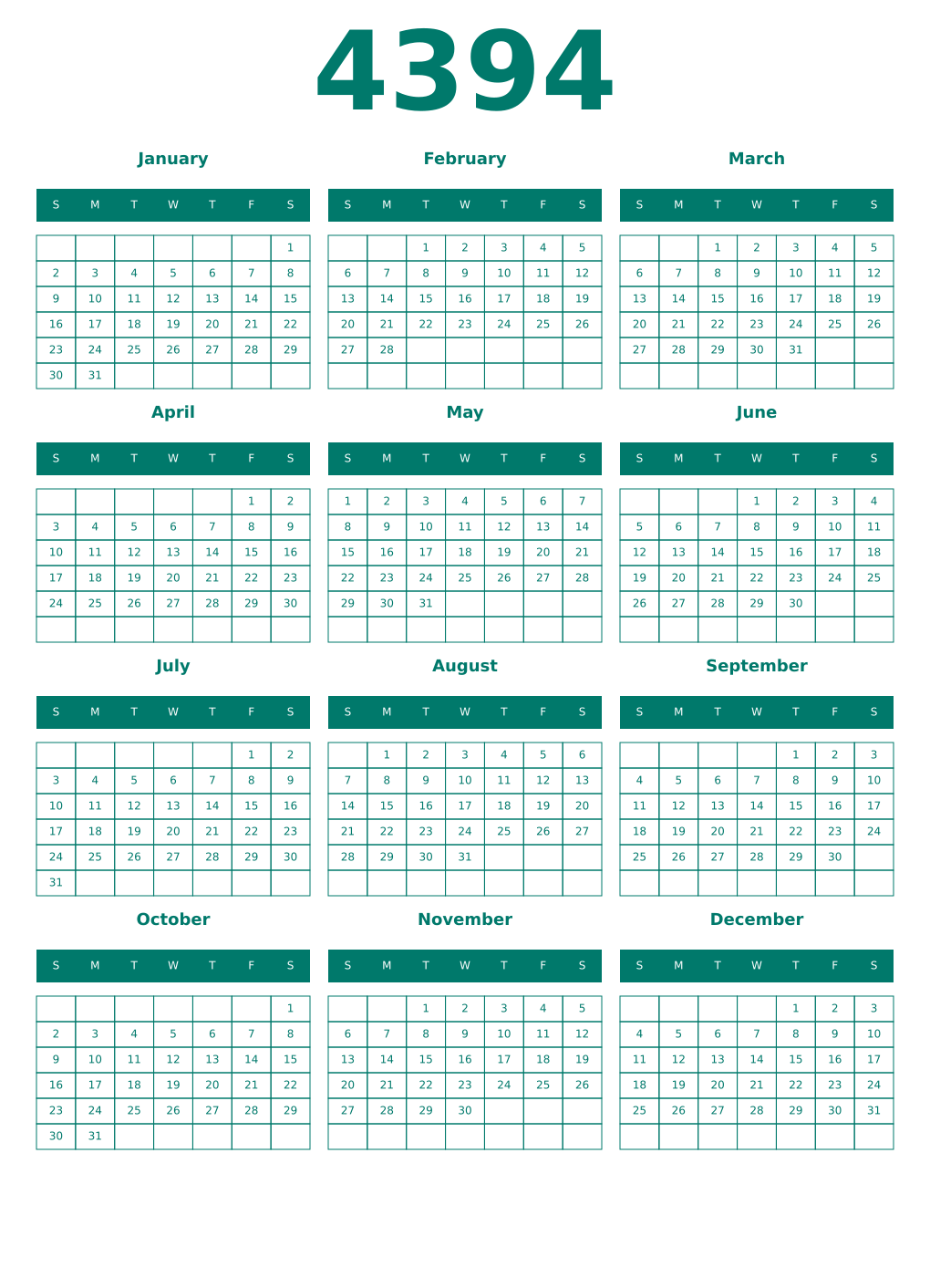 Printable 4394 Year Calendars pastel